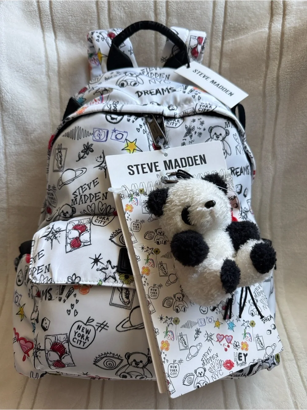 Steve Madden White Graphic Backpack with Panda Charm & Notebook